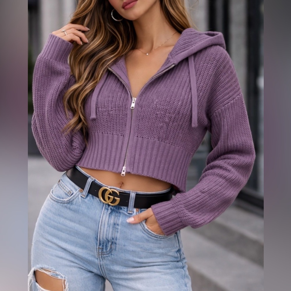✨ Sage + Stone Lilac‎ Cropped Hoodie Knit Sweater Zip Cozy Women Small✨